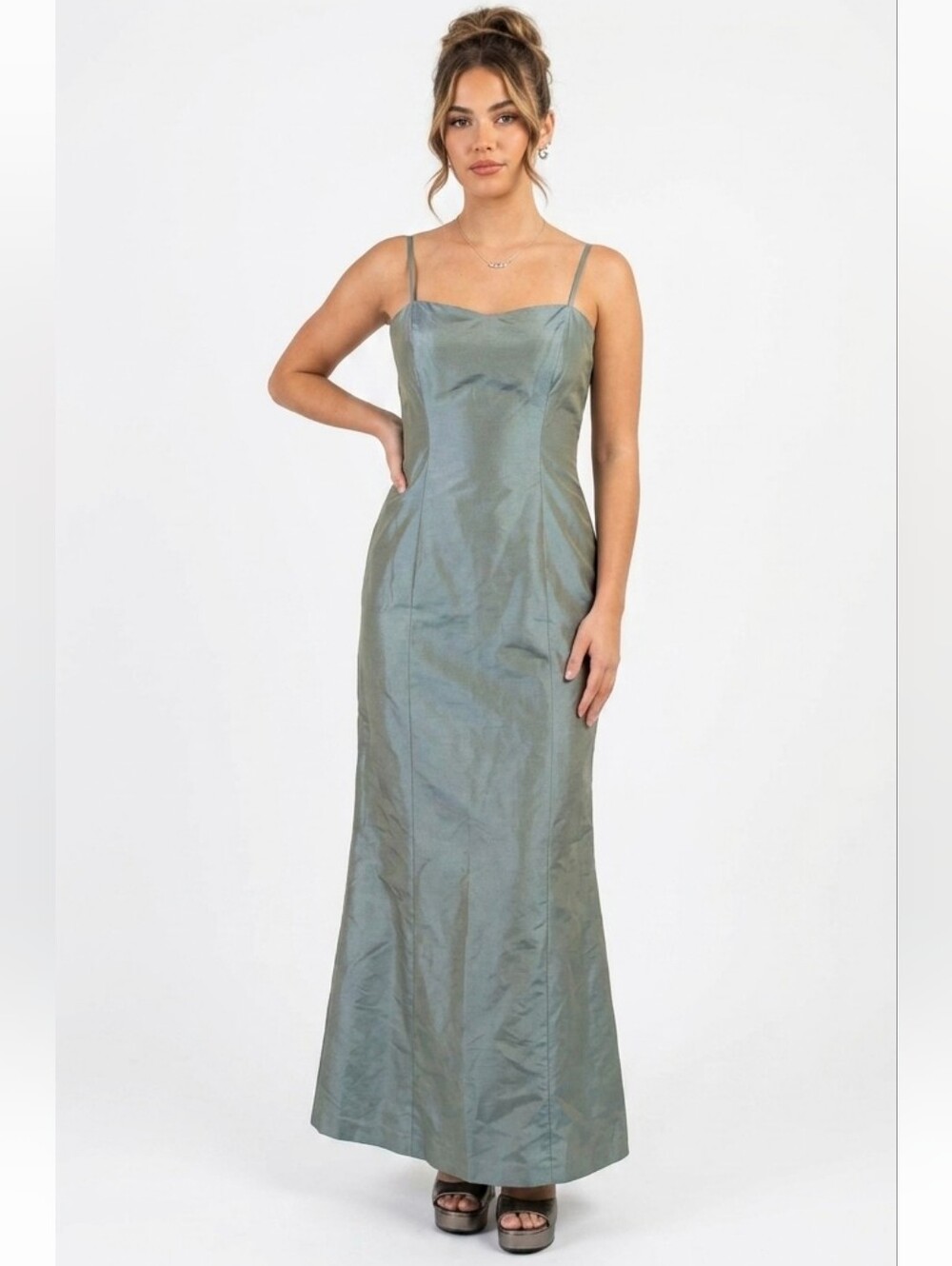 Vintage 90s Bebe Grunge Gray Iridescent Vampy Goth Taffeta Maxi Prom Dress 6